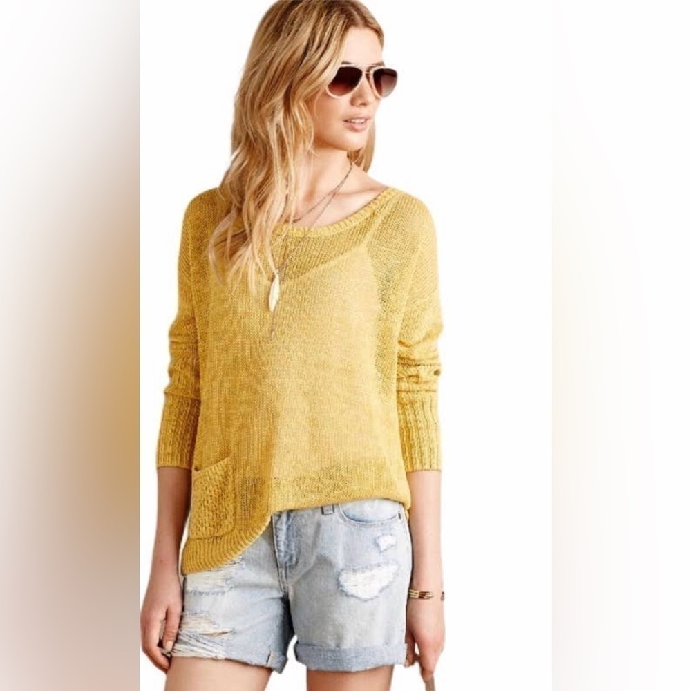 sparrow Anthro Linen Blend Mustard Lightweight Sweater with Pocket SZ XS preppy